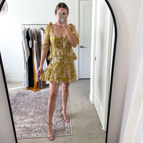 For Love & Lemons Mustard Yellow Velvet Floral Cosmo Mini Dress - Picture 4 of 16